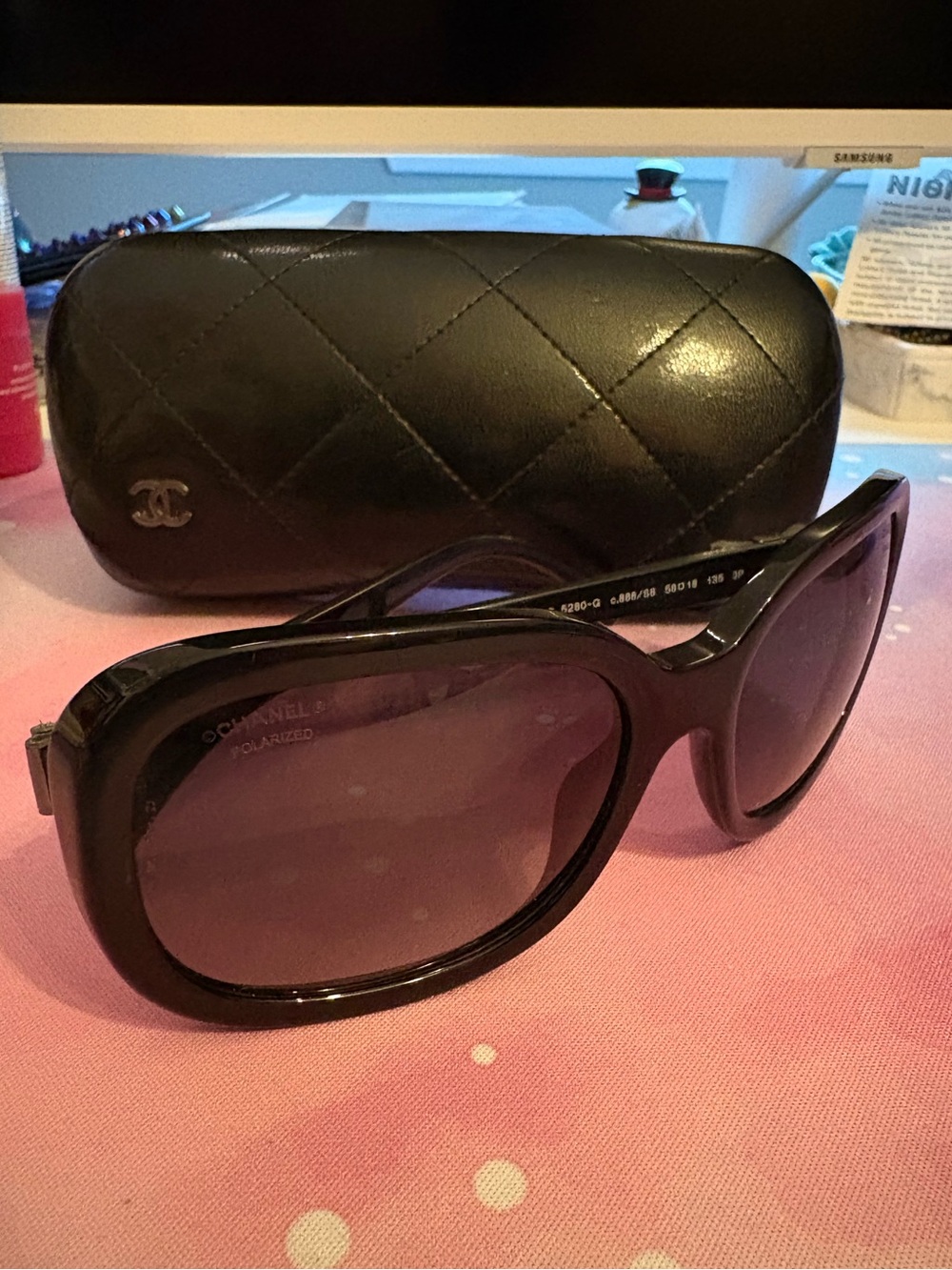CHANEL Black Oversized Polarized Sunglasses with Quilted Case